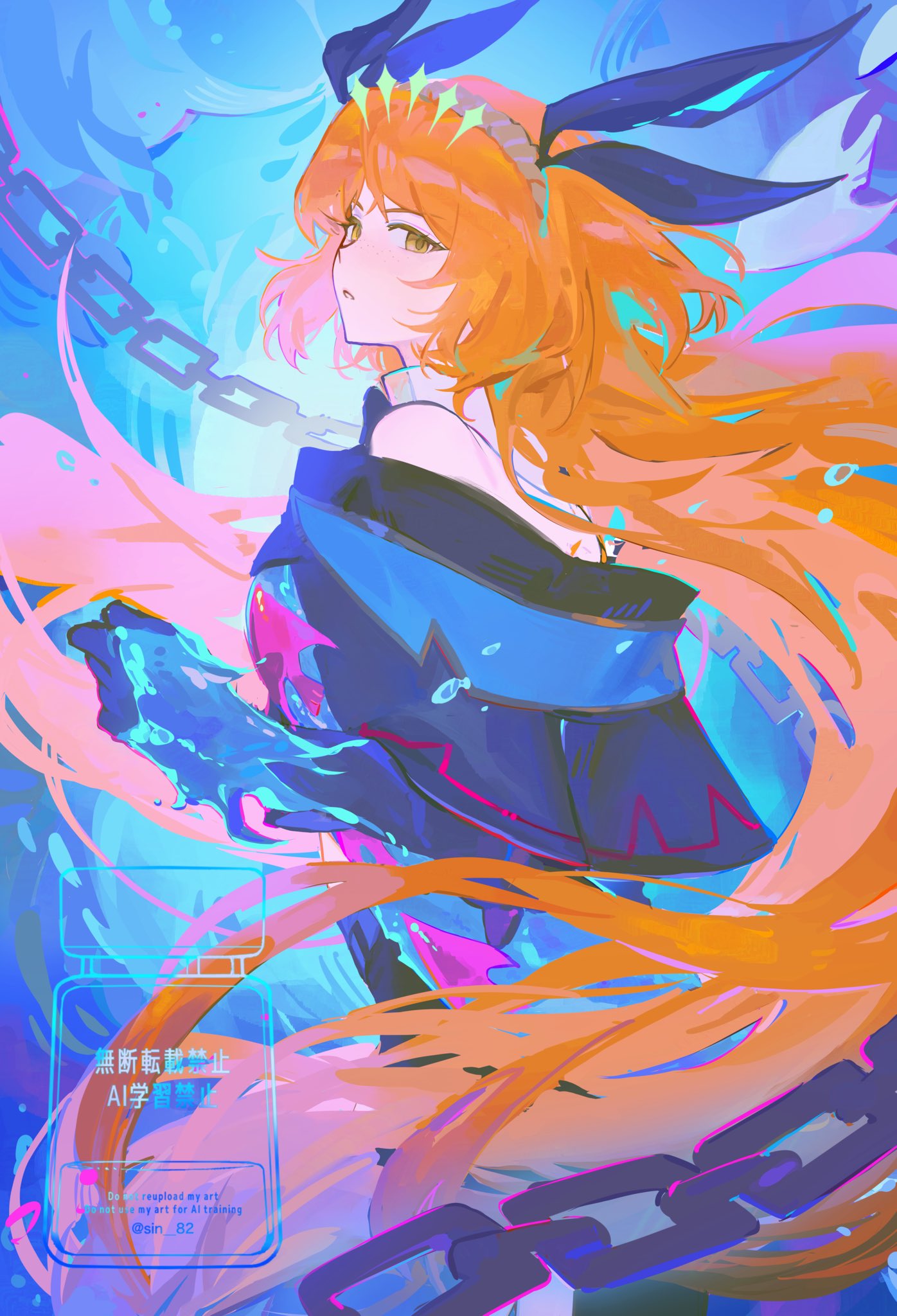 sin 82, ishmael (project moon), arknights, limbus company, project moon, highres, 1girl, black capelet, black gloves, black ribbon, brown hairband, capelet, chain, e.g.o (project moon), fish, gloves, green eyes, hair ribbon, hairband, long hair, off-shoulder capelet, orange hair, ribbon, rope, sidelocks, solo, tidal elegy (e.g.o), underwear, very long hair, water