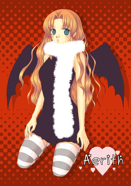 aerith gainsborough, final fantasy, final fantasy vii, 1990s (style), aqua eyes, dress, feather boa, heart, long hair, mint electric, retro artstyle, short dress, solo, striped clothes, striped thighhighs, thighhighs, wings