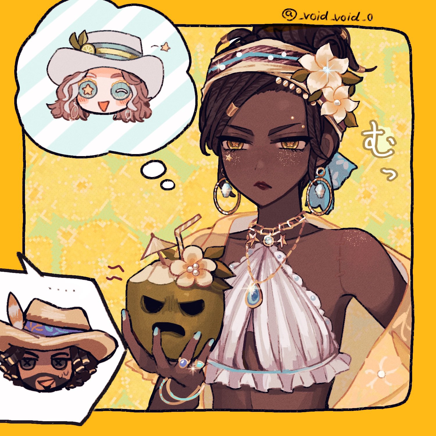 tendenbarabara, demi bourbon, demi bourbon (sea salt mocktail), kevin ayuso, kevin ayuso (island tourist), patricia dorval, patricia dorval (tropical holiday), identity v, commentary request, highres, 1boy, 2girls, bikini, blue gemstone, blue nails, brown hair, brown lips, chain, chain necklace, chibi, coconut cup, cowboy hat, dark-skinned female, dark skin, dreadlocks, earrings, eyebrow piercing, face piercing, facial hair, flower, flower-shaped pupils, food, fruit, gem, glitter makeup, gold chain, hair flower, hair ornament, hair tubes, hairband, hat, hoop earrings, jewelry, lime (fruit), lime slice, multiple girls, necklace, official alternate costume, one eye closed, pendant, piercing, ring, side part, small sweatdrop, solo focus, swimsuit, symbol-shaped pupils, twitter username, updo, upper body, white bikini, white hat, white streaks, yellow eyes