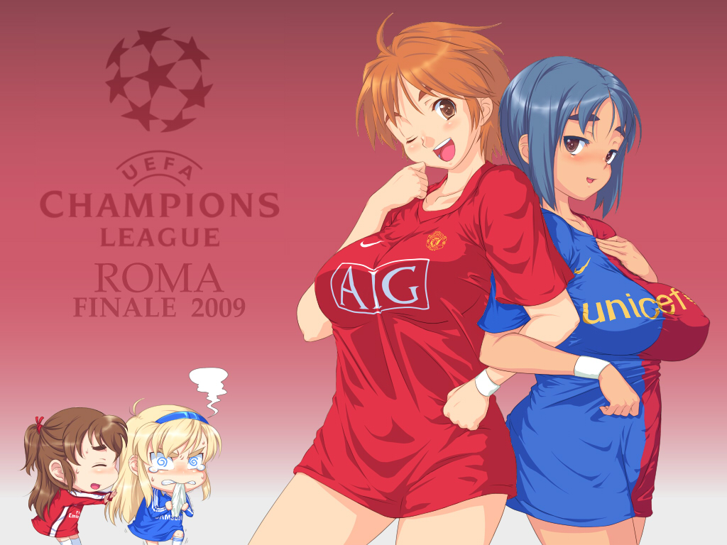 sanemichi hajime, original, @ @, ahoge, angry, blonde hair, blue hair, breasts, brown eyes, chibi, cleavage, clothes writing, hairband, jersey, large breasts, orange hair, short hair, wink