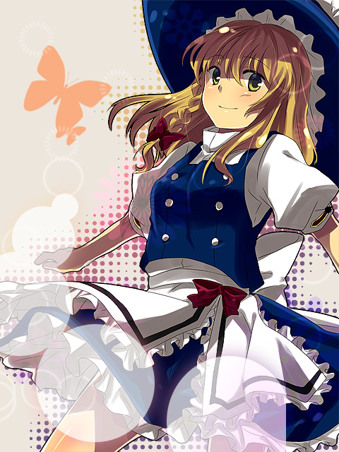 lacie, kirisame marisa, touhou, bad id, bad pixiv id, 1girl, blonde hair, braid, female focus, halftone, halftone background, hat, short hair, solo, witch, witch hat, yellow eyes