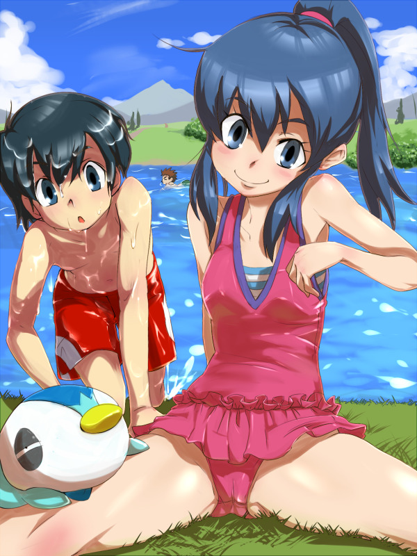 zaitsu, ash ketchum, brock (pokemon), dawn (pokemon), piplup, nintendo, pokemon, pokemon: arceus and the jewel of life, pokemon (anime), pokemon dppt (anime), bad id, bad pixiv id, 1girl, 2boys, alternate costume, blue eyes, blue hair, cameltoe, casual one-piece swimsuit, cloud, day, frilled one-piece swimsuit, frills, gen 4 pokemon, grass, hair between eyes, lake, loli, looking at viewer, male swimwear, multiple boys, no headwear, one-piece swimsuit, pink one-piece swimsuit, pokemon (creature), ponytail, red male swimwear, red swim trunks, shiny skin, sky, smile, spread legs, striped clothes, striped one-piece swimsuit, swim trunks, swimsuit, water, wet