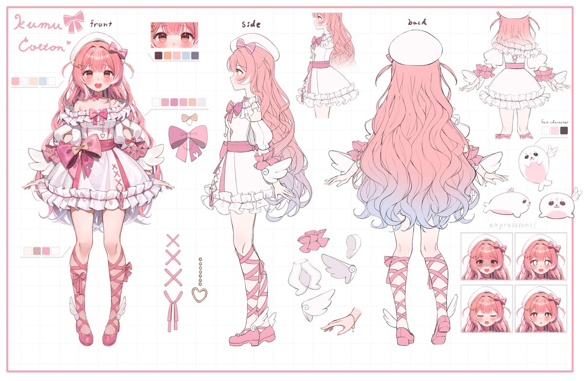 haneiro, commentary, english commentary, official art, second-party source, 1girl, beret, blue hair, blush, bow, character name, color guide, dress, english text, frilled dress, frills, full body, gradient hair, hair bow, hat, heart, heartsync, kumu cotton, long hair, looking at viewer, multicolored hair, multiple expressions, multiple views, orange eyes, pink bow, pink hair, pink shoes, reference sheet, shaded face, shoes, standing, two side up, very long hair, virtual youtuber, white background, white dress, white hat