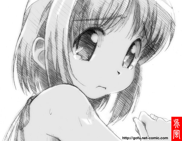 gofu, nakamachi kana, kanamemo, traditional media, 00s, 1girl, female focus, greyscale, monochrome, short hair, sketch, solo, spot color, tears, white background