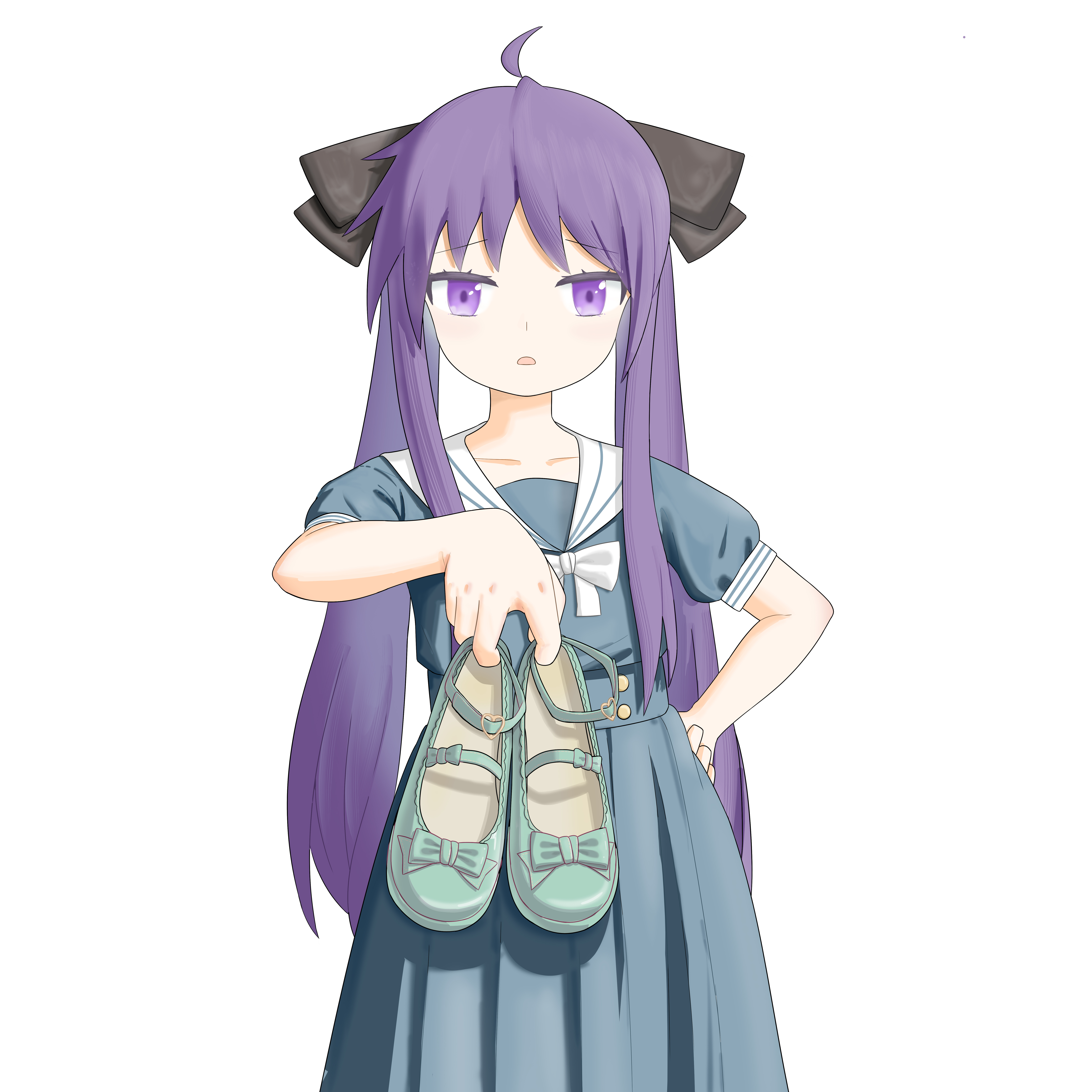 asu no suisei, hiiragi kagami, lucky star, absurdres, highres, 1girl, holding, holding shoes, holding unworn clothes, long hair, looking at viewer, parted lips, purple eyes, purple hair, shoes, twintails, unworn shoes