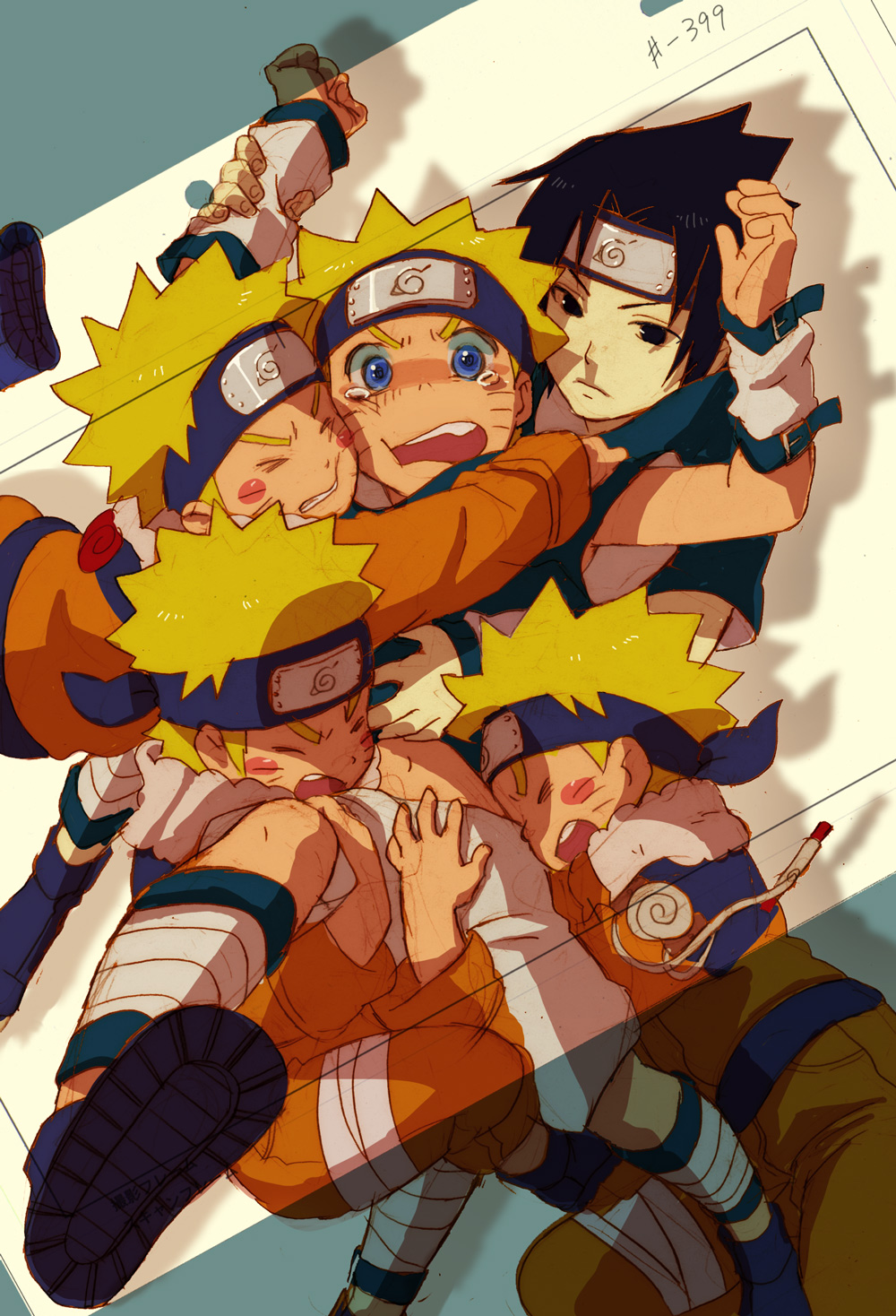 yuhka, uchiha sasuke, uzumaki naruto, naruto (series), highres, black hair, blonde hair, blue eyes, clone, facial mark, forehead protector, jacket, male focus, midriff peek, multiple boys, open mouth, short hair, whisker markings, yaoi