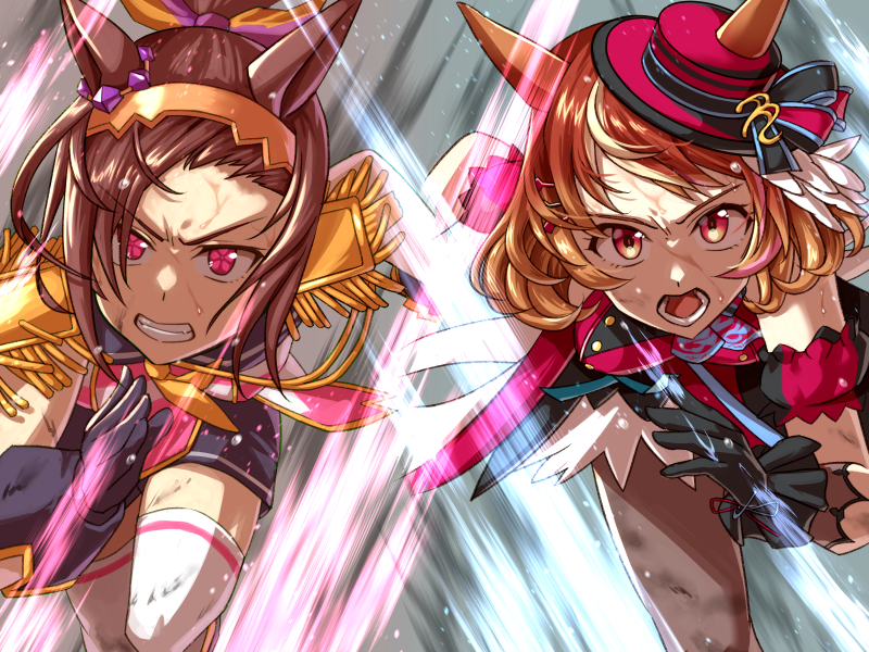 peeta, north flight (looking fly!) (umamusume), north flight (umamusume), sakura bakushin o (blossom in learning) (umamusume), sakura bakushin o (umamusume), umamusume, commentary request, textless version, 2girls, animal ears, asymmetrical gloves, black gloves, black pantyhose, boater hat, breasts, brown eyes, brown hair, clenched teeth, dress, ears through headwear, epaulettes, flower in eye, gloves, gold hairband, hair between eyes, hair ornament, hairband, halter dress, halterneck, hat, horse ears, horse girl, long hair, medium hair, mile championship, mismatched gloves, multiple girls, neckerchief, open mouth, pantyhose, ponytail, purple eyes, running, shirt, shorts, sleeveless, sweat, symbol in eye, teeth, thighhighs, tilted headwear, white gloves, white thighhighs, yellow neckerchief