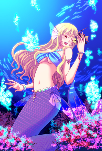 miyuki (0213), original, 1girl, :d, angelfish, armlet, bandeau, belt, blonde hair, bracelet, breasts, bubble, closed eyes, coral, female focus, fins, fish, head fins, hexagon, jewelry, kneeling, long hair, mermaid, monster girl, necklace, open mouth, pearl necklace, scales, see-through clothes, smile, solo, tropical fish, underboob, underwater, unmoving pattern