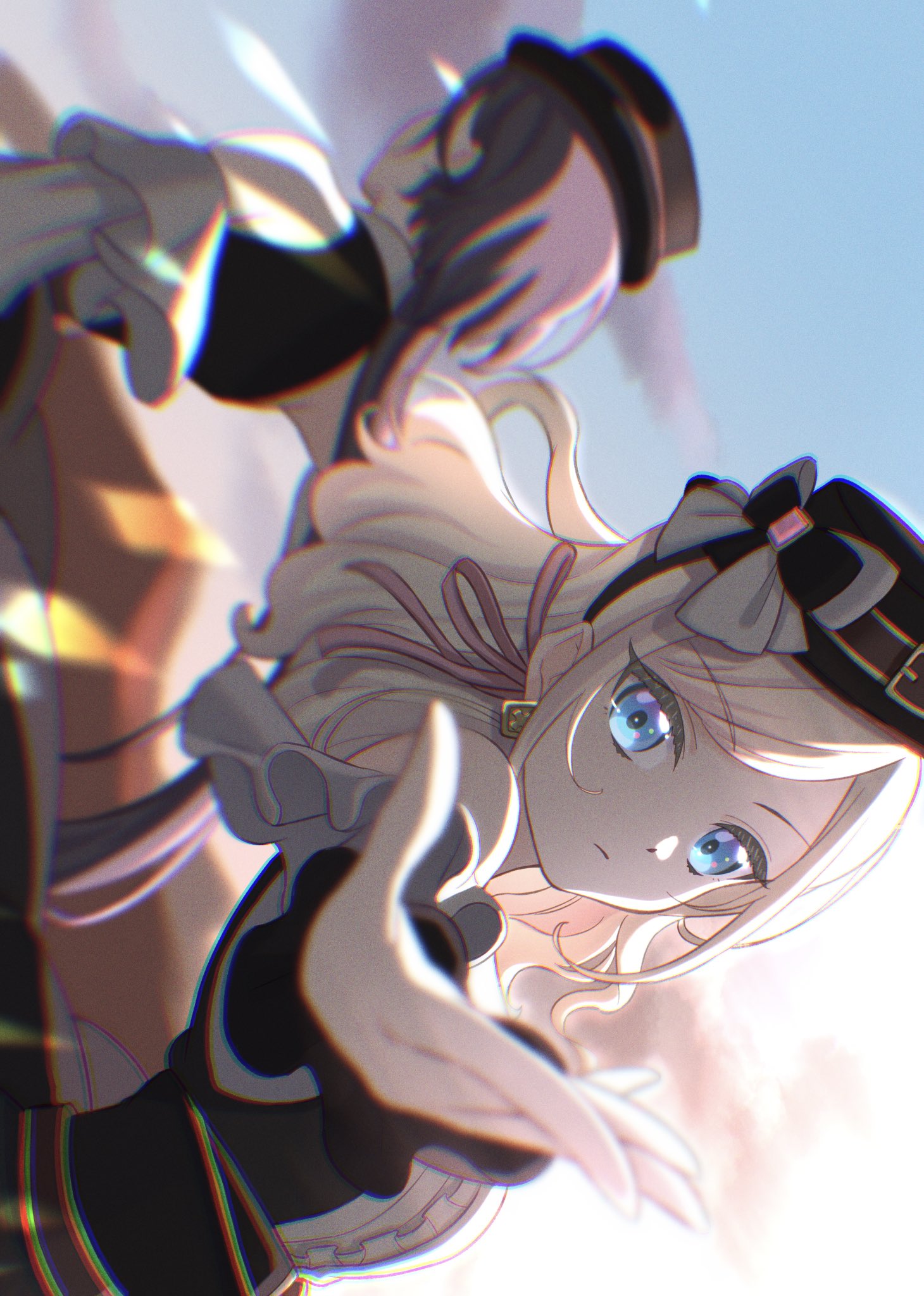 nanase itsuki, ceras yanagida lilienfeld, katsuragi izumi, link! like! love live!, love live!, commentary, highres, 2girls, bare shoulders, black bow, black hair, black hat, blue eyes, bow, center frills, closed mouth, clothing cutout, edel note, expressionless, foreshortening, frills, grey bow, grey hair, grey shirt, hair ribbon, hat, hat bow, jellyfish cut, light frown, long hair, looking at viewer, multiple girls, outstretched arm, pink ribbon, retrofuture (love live!), ribbon, shirt, shoulder cutout, solo focus, v-shaped eyebrows, virtual youtuber, wavy hair