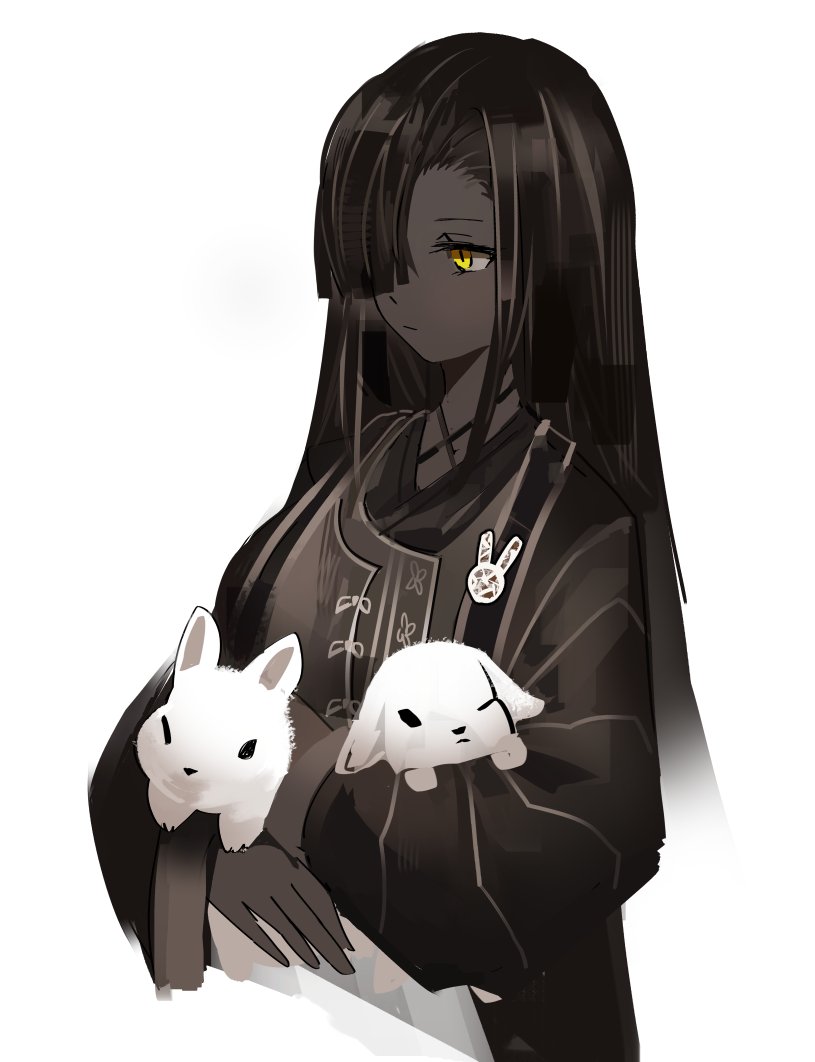 zilu (project moon), limbus company, project moon, 1girl, animal, black coat, brown dress, brown hair, coat, criss-cross halter, dark-skinned female, dark skin, dress, halterneck, holding, holding animal, holding rabbit, hoyeonbns, long hair, nai ga (style), rabbit, rabbit ornament, simple background, solo, upper body, very dark skin, very long hair, white background