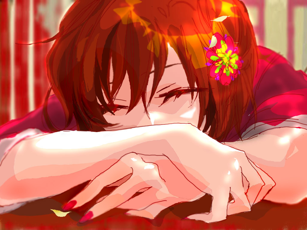 caracoro, meiko (vocaloid), anjou shojun (vocaloid), vocaloid, 1girl, brown hair, female focus, flower, nail polish, red nails, red theme, short hair, solo