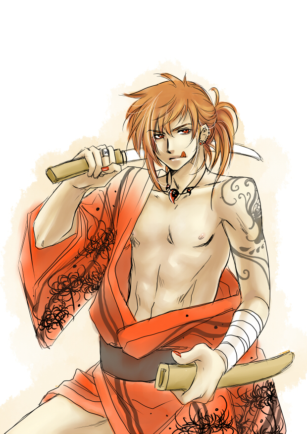 b.m., meiko (vocaloid), meito (vocaloid), vocaloid, 1boy, blonde hair, earrings, genderswap, genderswap (ftm), gradient background, japanese clothes, jewelry, katana, kimono, male focus, ponytail, ring, solo, sword, tattoo, weapon