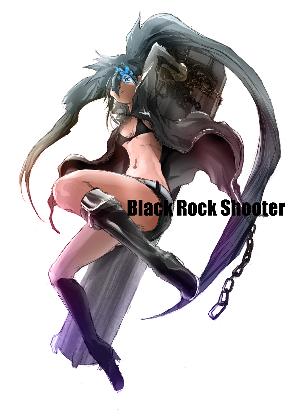 ron (metropolis), black rock shooter (character), black rock shooter, bad id, bad pixiv id, highres, 10s, 1girl, arm cannon, belt, bikini, bikini top only, black bikini, black hair, blue eyes, boots, chain, coat, female focus, flat chest, front-tie top, full body, gloves, glowing, glowing eyes, gun, hood, jacket, knee boots, long hair, midriff, navel, scar, short shorts, shorts, simple background, solo, star (symbol), swimsuit, twintails, uneven twintails, very long hair, weapon, white background, zipper