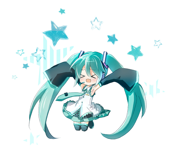 ichigai hano, hatsune miku, vocaloid, bad id, bad pixiv id, > <, > <, 1girl, :3, aqua hair, arms up, chibi, closed eyes, detached sleeves, female focus, jumping, long hair, necktie, skirt, solo, thighhighs, twintails, white background, x3