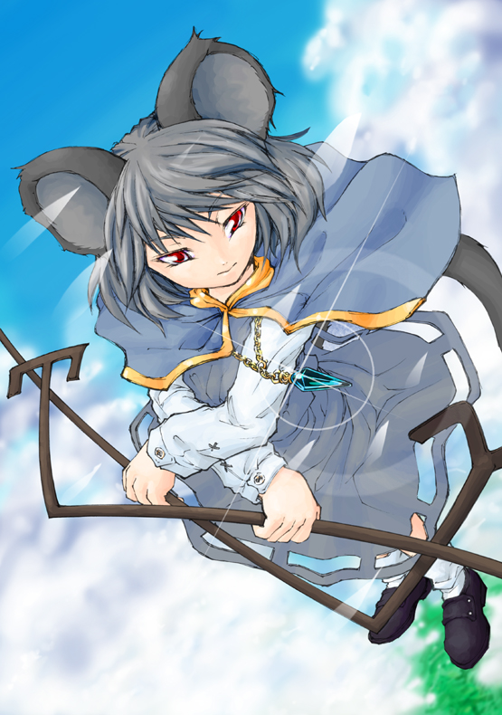 ajision, nazrin, touhou, 1girl, animal ears, cloud, day, female focus, grey hair, jewelry, mouse ears, outdoors, pendant, red eyes, short hair, sky, solo, tail