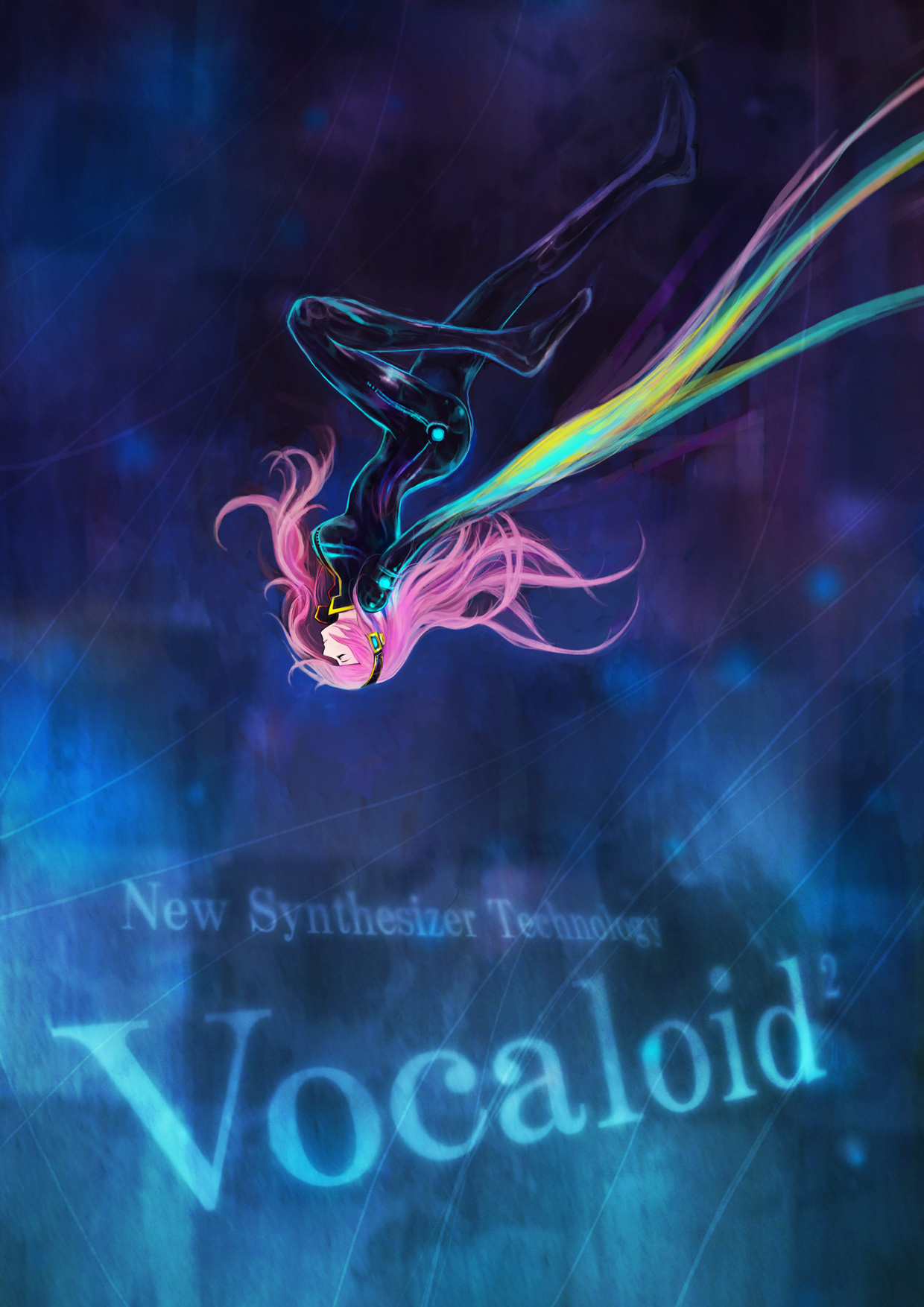 cpux4, megurine luka, vocaloid, highres, 1girl, bodysuit, closed eyes, falling, female focus, long hair, pink hair, solo