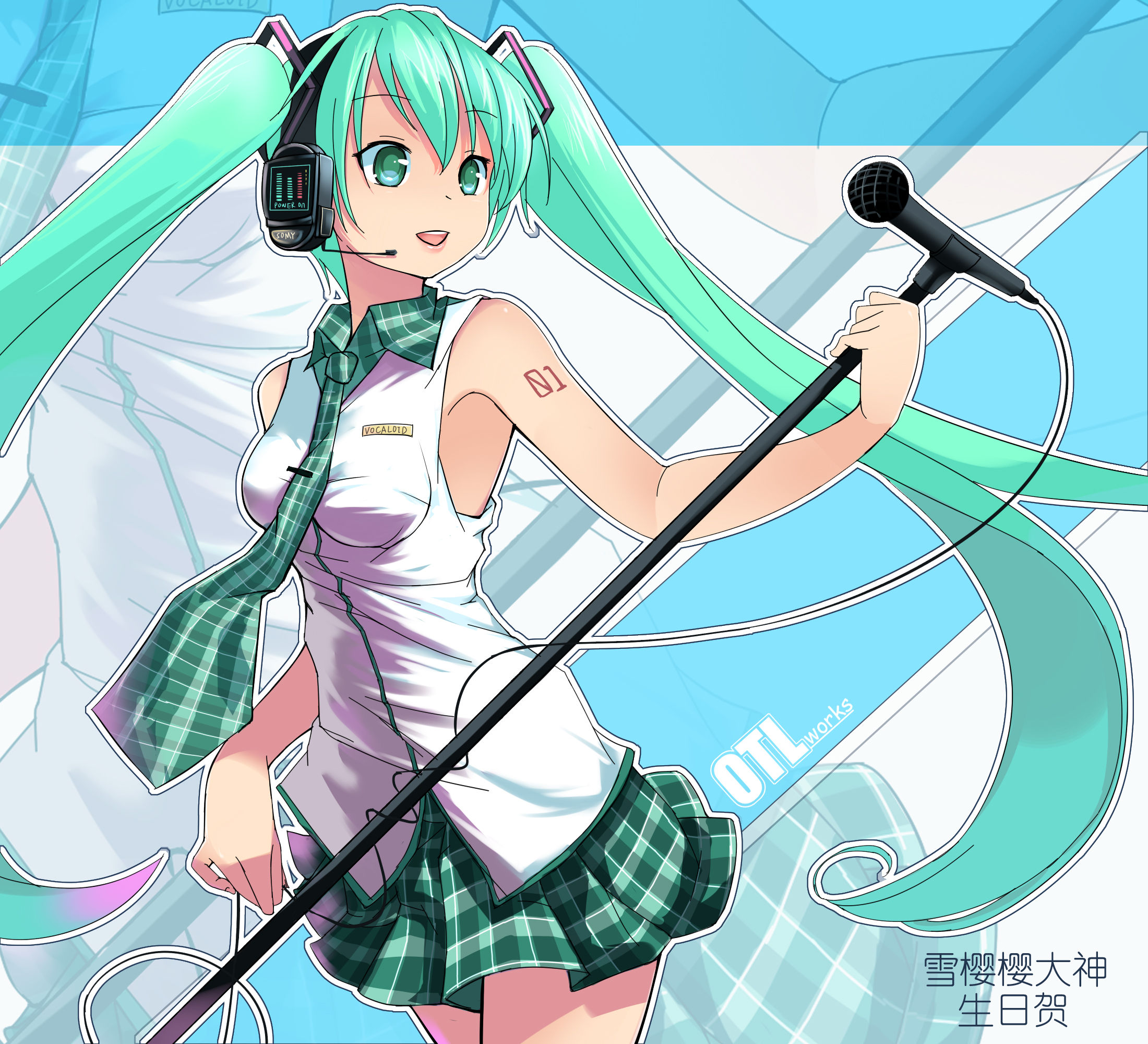 yykuaixian, hatsune miku, vocaloid, plaid neckwear, bad id, bad pixiv id, highres, 1girl, aqua eyes, aqua hair, female focus, headphones, headset, long hair, microphone, microphone stand, necktie, plaid clothes, plaid necktie, plaid skirt, skirt, smile, solo, twintails, very long hair
