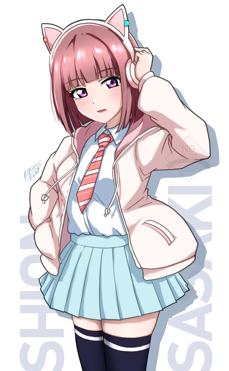 noochan chonoda, sasaki shion, ikizulive! love live! bluebird, love live!, commentary request, highres, revision, 1girl, adjusting headphones, animal ear headphones, animal ears, black thighhighs, blue skirt, blunt bangs, blunt ends, blush, bob cut, brown hair, cat ear headphones, cat ears, character name, closed mouth, collared shirt, cowboy shot, diagonal-striped clothes, diagonal-striped necktie, dress shirt, drop shadow, fake animal ears, hand in pocket, headphones, hood, hooded jacket, jacket, long sleeves, looking at viewer, miniskirt, necktie, open clothes, open jacket, orange necktie, pleated skirt, purple eyes, school uniform, shirt, short hair, signature, simple background, skirt, smile, solo, standing, striped clothes, thighhighs, white background, white jacket, white shirt, zettai ryouiki