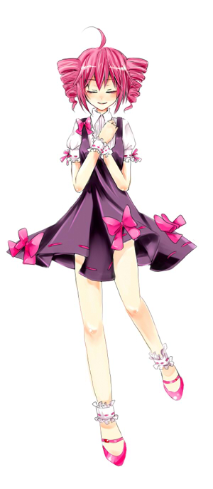 oyamano mayo, kasane teto, utau, vocaloid, 1girl, ahoge, closed eyes, dress, drill hair, female focus, frills, full body, red hair, simple background, smile, solo, twintails, white background