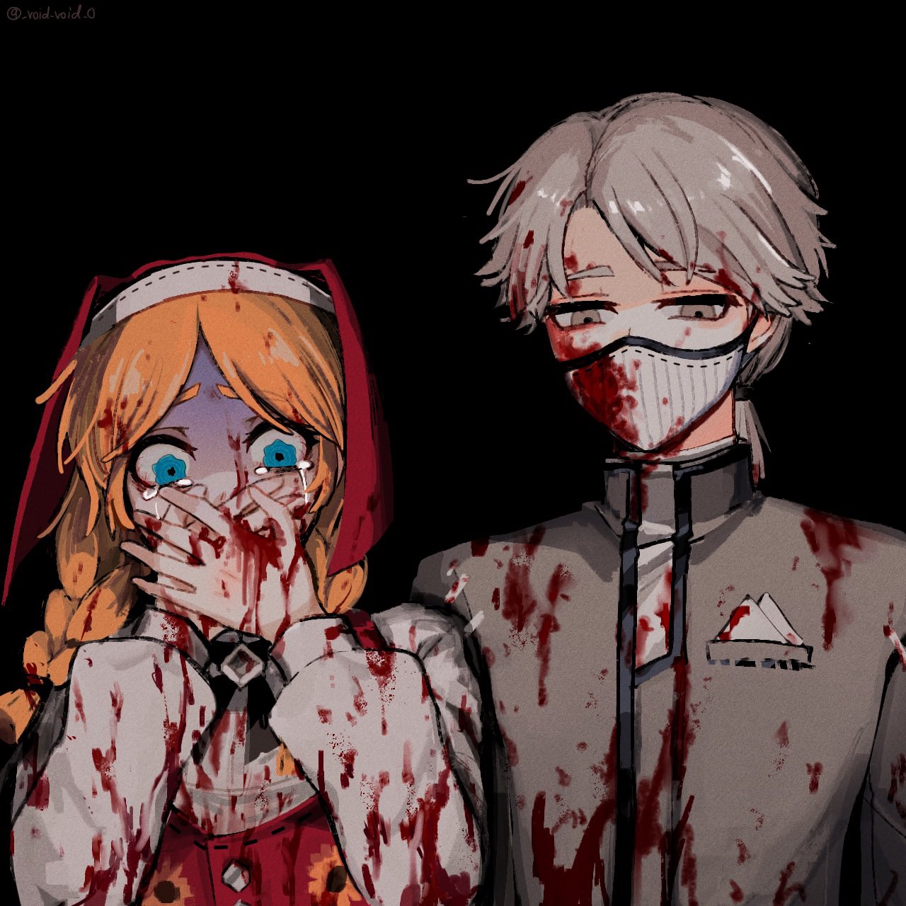 tendenbarabara, aesop carl, identity v, commentary request, highres, 1boy, 1girl, anne lester, black background, black trim, blonde hair, blood, blood on clothes, blood on face, blue eyes, braid, covering own mouth, crying, crying with eyes open, downturned eyes, grey eyes, grey hair, grey jacket, half-closed eyes, jacket, looking down, low ponytail, mask, middle part, mouth mask, ponytail, puffy sleeves, red veil, red vest, shirt, short ponytail, tears, turn pale, twin braids, upper body, veil, vest, wavy eyes, white shirt