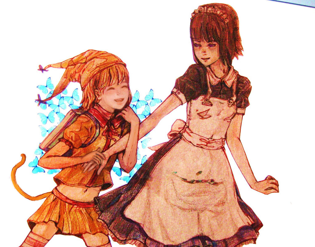 cat sidhe nekoko, yakui, futaba channel, nijiura maids, yume miru kusuri, striped legwear, 2girls, apron, backpack, bag, blonde hair, bug, butterfly, cat tail, costume, drugs, hat, insect, jester cap, maid, maid apron, multiple girls, purple eyes, purple hair, randoseru, smile, striped clothes, striped thighhighs, tail, thighhighs, zettai ryouiki