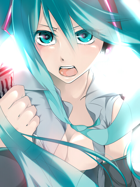 kuraimu, hatsune miku, vocaloid, bad id, bad pixiv id, 1girl, aqua eyes, aqua hair, breasts, cleavage, female focus, headphones, long hair, medium breasts, necktie, serious, solo, twintails, white background