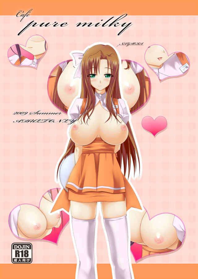 shimoku, original, bad id, bad pixiv id, 1girl, breasts, brown hair, female focus, heart, large breasts, long hair, nipples, open clothes, open shirt, saliva, shirt, solo, thighhighs, waitress