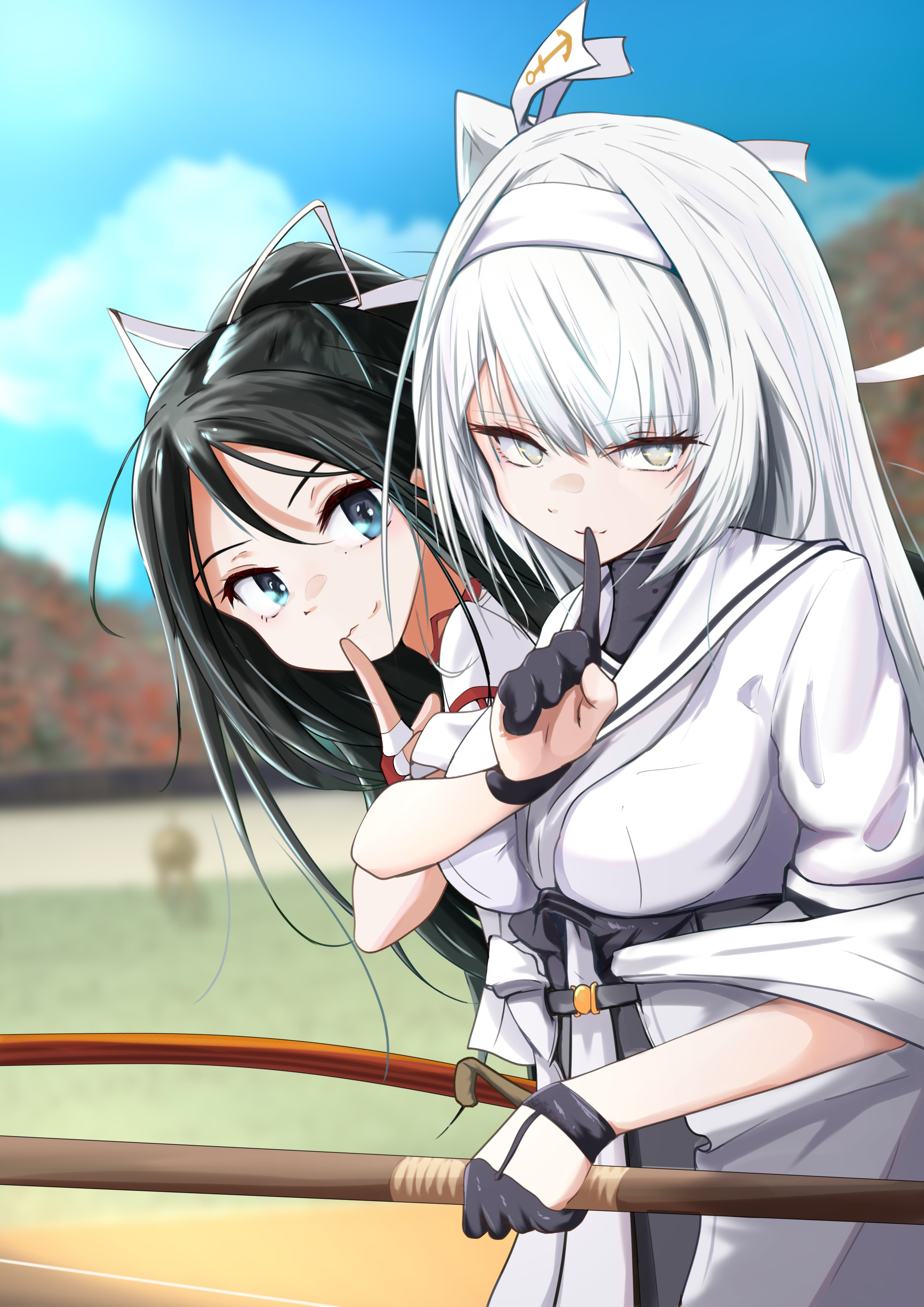 tastas, fuyutsuki (kancolle), katsuragi (kancolle), kantai collection, absurdres, commentary request, highres, 2girls, black gloves, blue sky, bow (weapon), cloud, day, gloves, green eyes, hair ribbon, hairband, half gloves, holding, holding bow (weapon), holding weapon, long hair, multiple girls, outdoors, ponytail, ribbon, sailor collar, shawl, shirt, side ponytail, sky, upper body, weapon, white hair, white hairband, white sailor collar, white shawl, white shirt