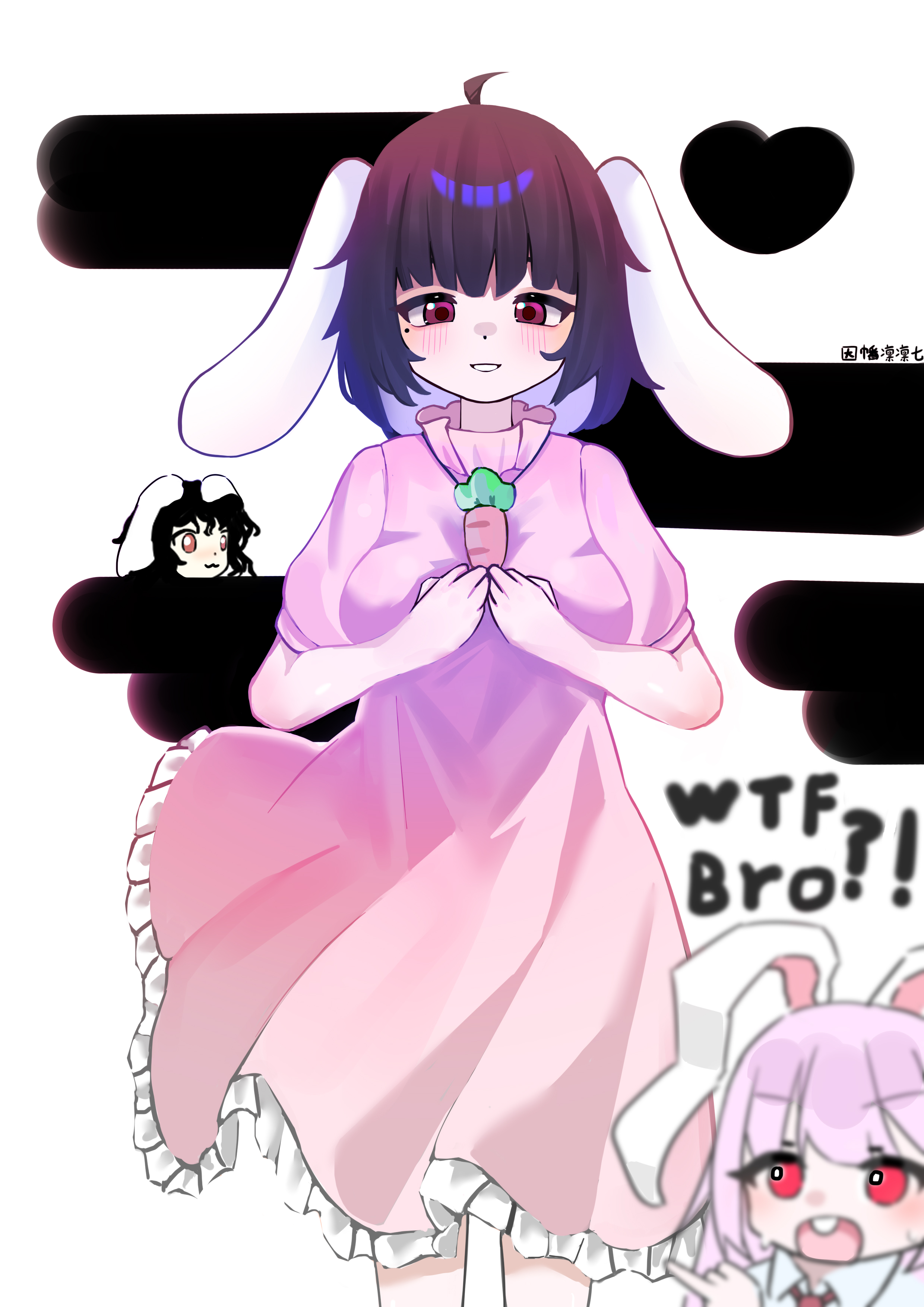 inaba tewi, reisen udongein inaba, touhou, absurdres, chinese commentary, commentary, highres, !?, 2girls, ahoge, alternate breast size (larger), animal ears, artist name, bare arms, blush, breasts, brown hair, carrot necklace, cowboy shot, dress, english text, gradient hair, heart, jewelry, looking at viewer, lop rabbit ears, medium breasts, mole, mole under eye, multicolored hair, multiple girls, multiple views, necklace, petticoat, pink dress, purple hair, rabbit ears, rabbit girl, red eyes, rinrinnana, short sleeves, smile, teeth, upper teeth only