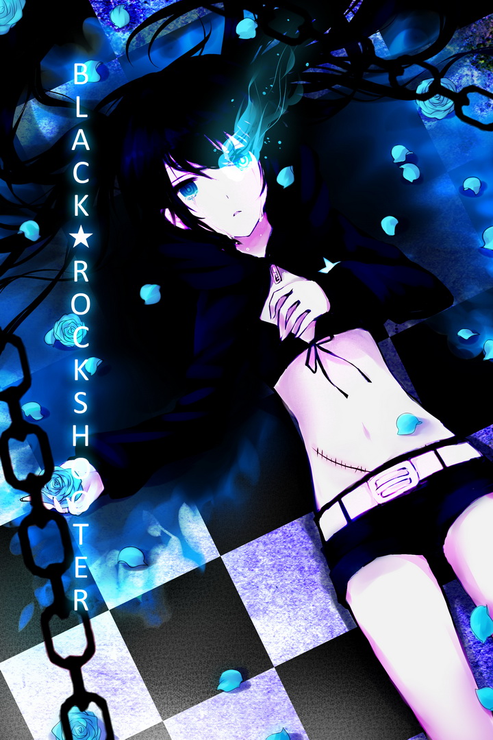 kinoko (pixiv), rella, black rock shooter (character), black rock shooter, bad id, bad pixiv id, 10s, 1girl, belt, bikini, bikini top only, black hair, blue eyes, blue flower, blue rose, chain, coat, female focus, flat chest, flower, front-tie top, glowing, glowing eyes, hood, jacket, long hair, looking up, lying, midriff, navel, on back, pale skin, petals, rose, scar, short shorts, shorts, solo, star (symbol), swimsuit, tears, twintails, uneven twintails, very long hair, zipper