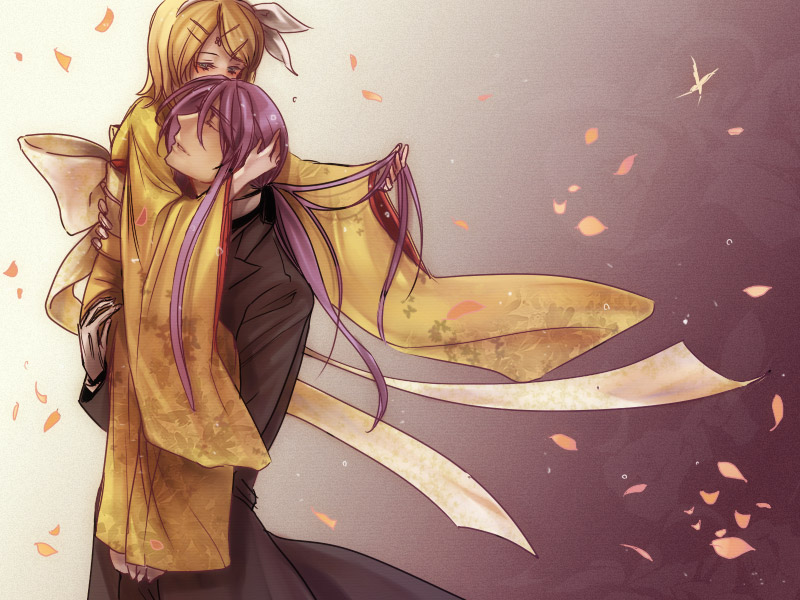 suzunosuke (sagula), kagamine rin, kamui gakupo, vocaloid, yumemiru kotori (vocaloid), bad id, bad pixiv id, 1boy, 1girl, blonde hair, blue eyes, closed eyes, couple, gloves, hair ornament, hair ribbon, hairclip, hetero, holding, japanese clothes, kimono, long hair, petals, ponytail, purple hair, ribbon, short hair