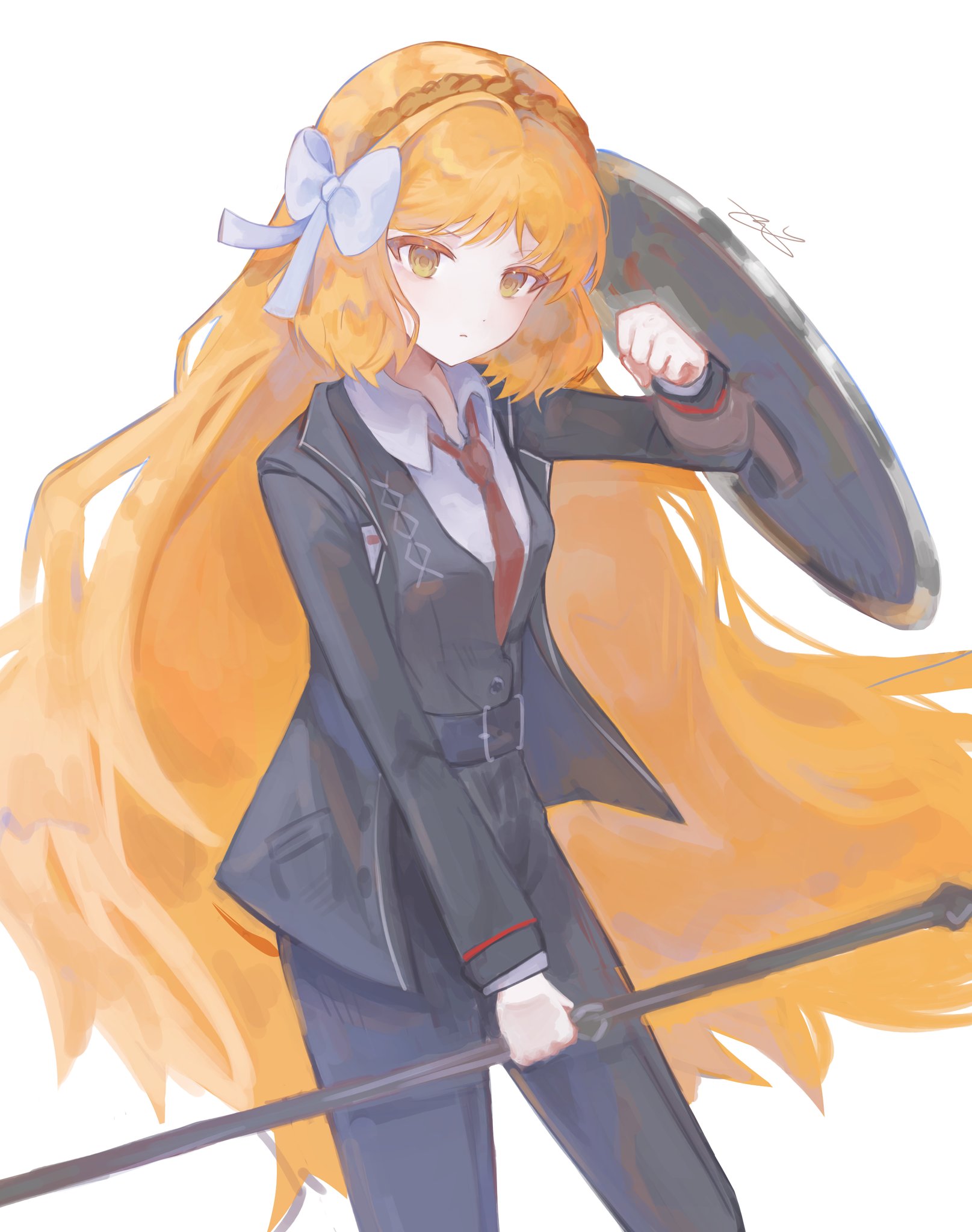 ishmael (project moon), limbus company, project moon, hashtag-only commentary, highres, 1girl, arm shield, belt, black belt, black jacket, black pants, black vest, bow, brown hairband, hair bow, hairband, holding, holding weapon, jacket, lapels, long hair, looking at viewer, notched lapels, orange hair, pants, rope, sidelocks, simple background, solo, very long hair, vest, weapon, white background, white bow, yeppokki090