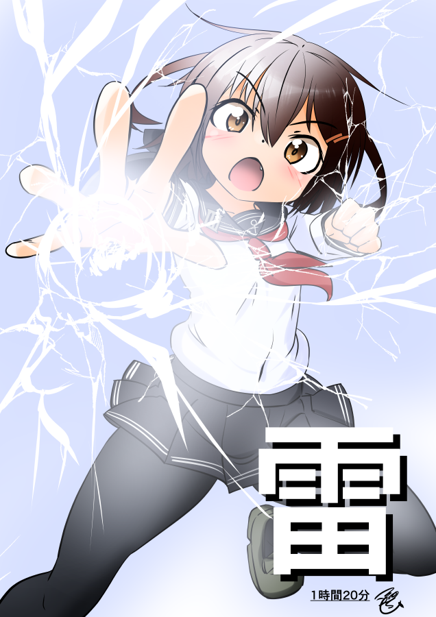 tsukino murakumo, ikazuchi (kancolle), kantai collection, ahoge, anchor symbol, brown eyes, brown hair, character name, fang, hair ornament, hairclip, incoming attack, lightning, long sleeves, neckerchief, pantyhose, pleated skirt, red neckerchief, school uniform, serafuku, short hair, skirt