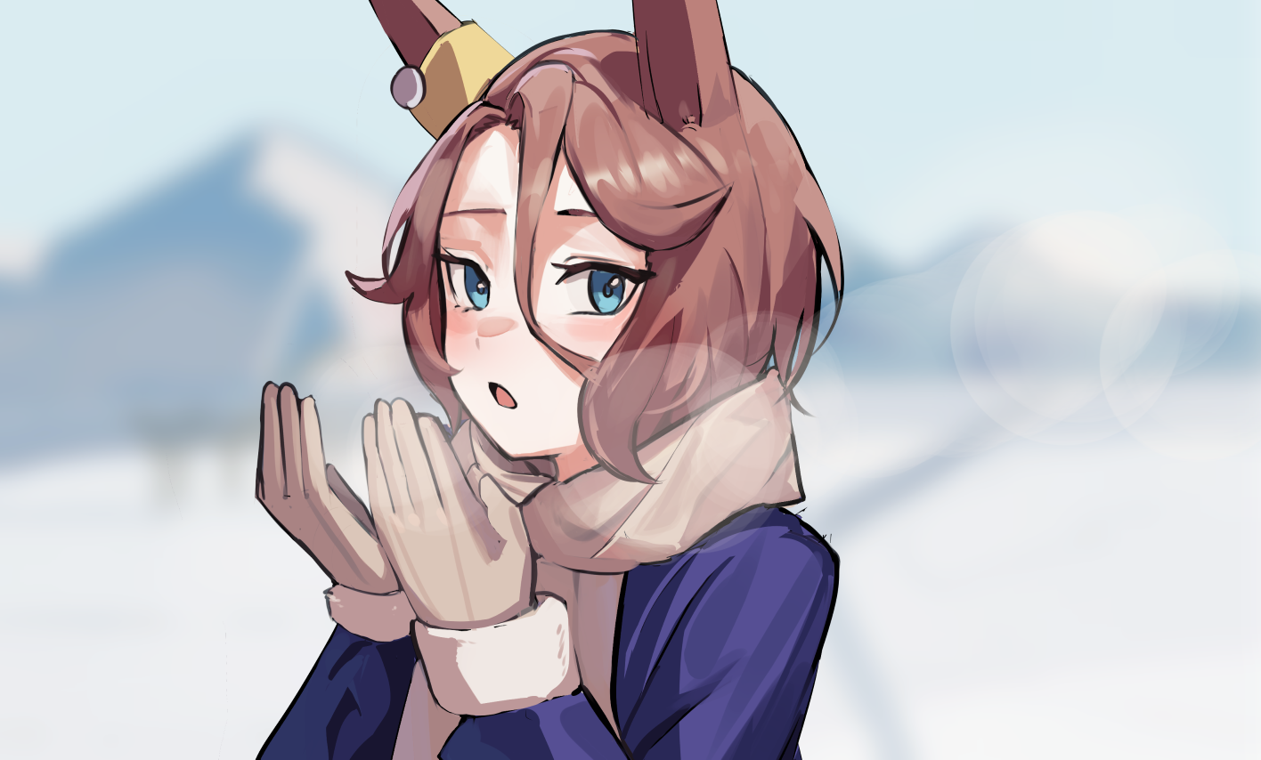 solokitsune, narita taishin (umamusume), umamusume, commentary request, 1girl, alternate costume, animal ears, blue eyes, blurry, blurry background, brown gloves, brown hair, gloves, grey scarf, hair between eyes, horse ears, horse girl, looking at viewer, open mouth, outdoors, scarf, short hair, snow, solo