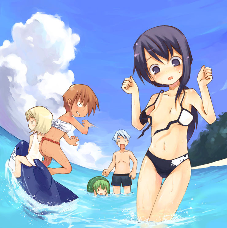 kito (sorahate), original, md5 mismatch, 1boy, 4girls, bikini, blonde hair, blue eyes, blue hair, brown hair, censored, convenient censoring, day, green hair, innertube, multiple girls, o o, ocean, one-piece swimsuit, outdoors, short hair, sky, surprised, sweatdrop, swim ring, swimsuit, undressing, wardrobe malfunction, white hair