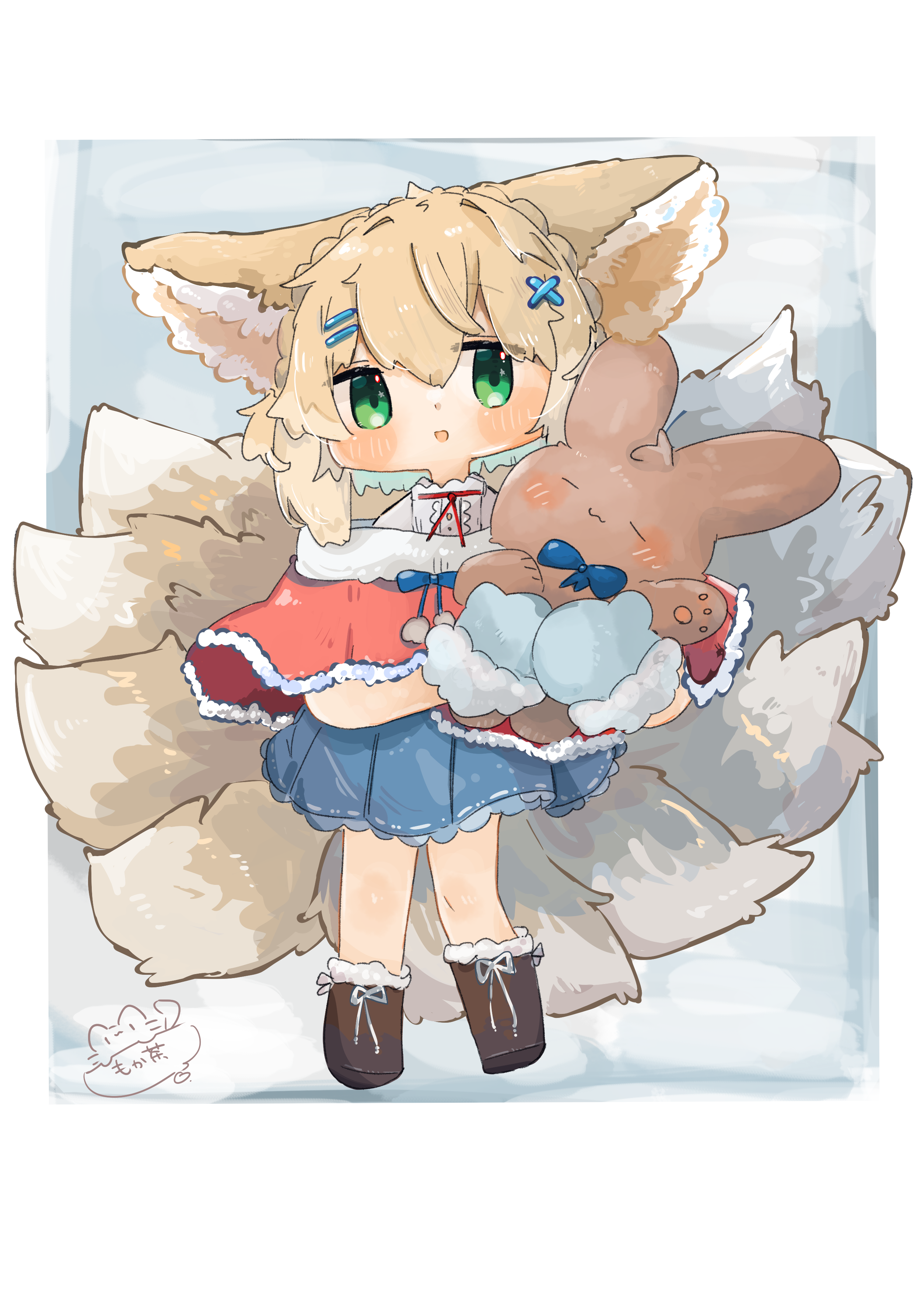 mokoo rokoo, suzuran (arknights), arknights, absurdres, highres, 1girl, alternate costume, animal ears, blonde hair, blue skirt, boots, capelet, fox ears, fox girl, fox tail, full body, fur-trimmed capelet, fur trim, green eyes, hair ornament, kitsune, multiple tails, red capelet, skirt, solo, stuffed animal, stuffed toy, tail