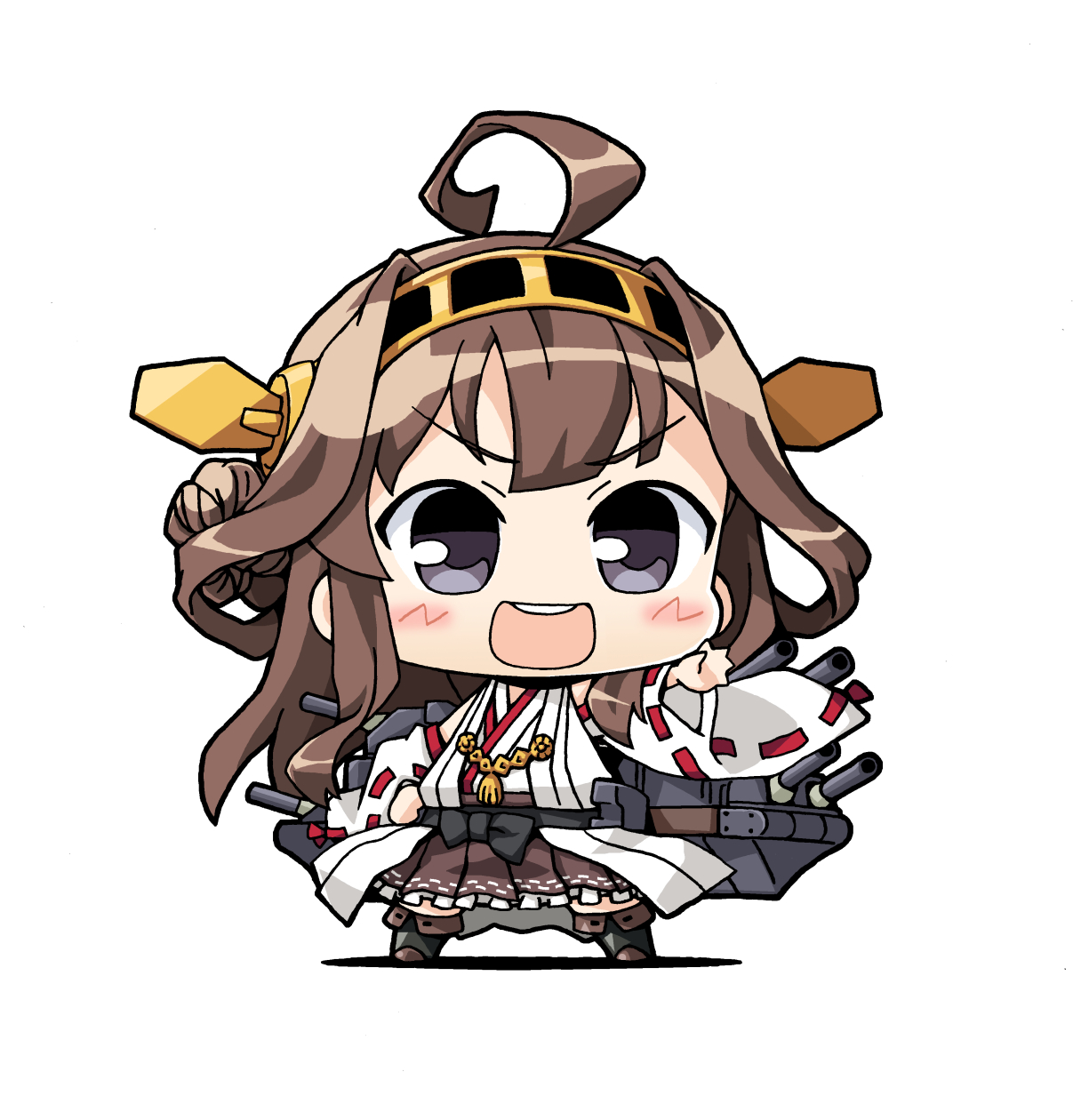 yagumo kengou, kongou (kancolle), kantai collection, highres, 1girl, ahoge, brown hair, chibi, detached sleeves, double bun, full body, hair bun, headgear, japanese clothes, kongou pose, long hair, machinery, nontraditional miko, open mouth, ribbon-trimmed sleeves, ribbon trim, round teeth, simple background, smile, solo, standing, teeth, upper teeth only, white background