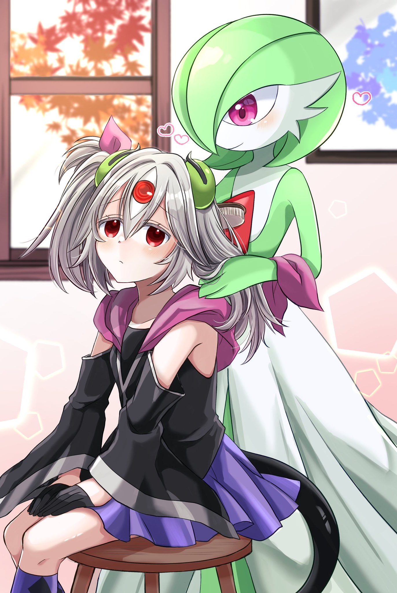 ukyou kuro, gardevoir, ghost ogre & snow rabbit, nintendo, pokemon, yu-gi-oh!, commentary request, commission, highres, skeb commission, 2girls, alternate costume, black gloves, blush, brushing another's hair, brushing hair, closed mouth, crossover, detached sleeves, duel monster, gen 3 pokemon, gloves, green hair, grey hair, hair between eyes, hair ornament, half gloves, hands on own thighs, holding, holding brush, indoors, long hair, long sleeves, looking at another, multiple girls, pink eyes, pokemon (creature), purple skirt, red eyes, skirt, smile, wide sleeves