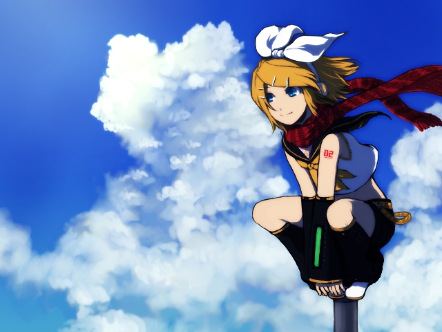 oharu, kagamine rin, vocaloid, bad id, bad pixiv id, blonde hair, blue eyes, cloud, day, hair ornament, hair ribbon, hairclip, midriff, ribbon, scarf, short hair, shorts, sky, smile, solo, wind