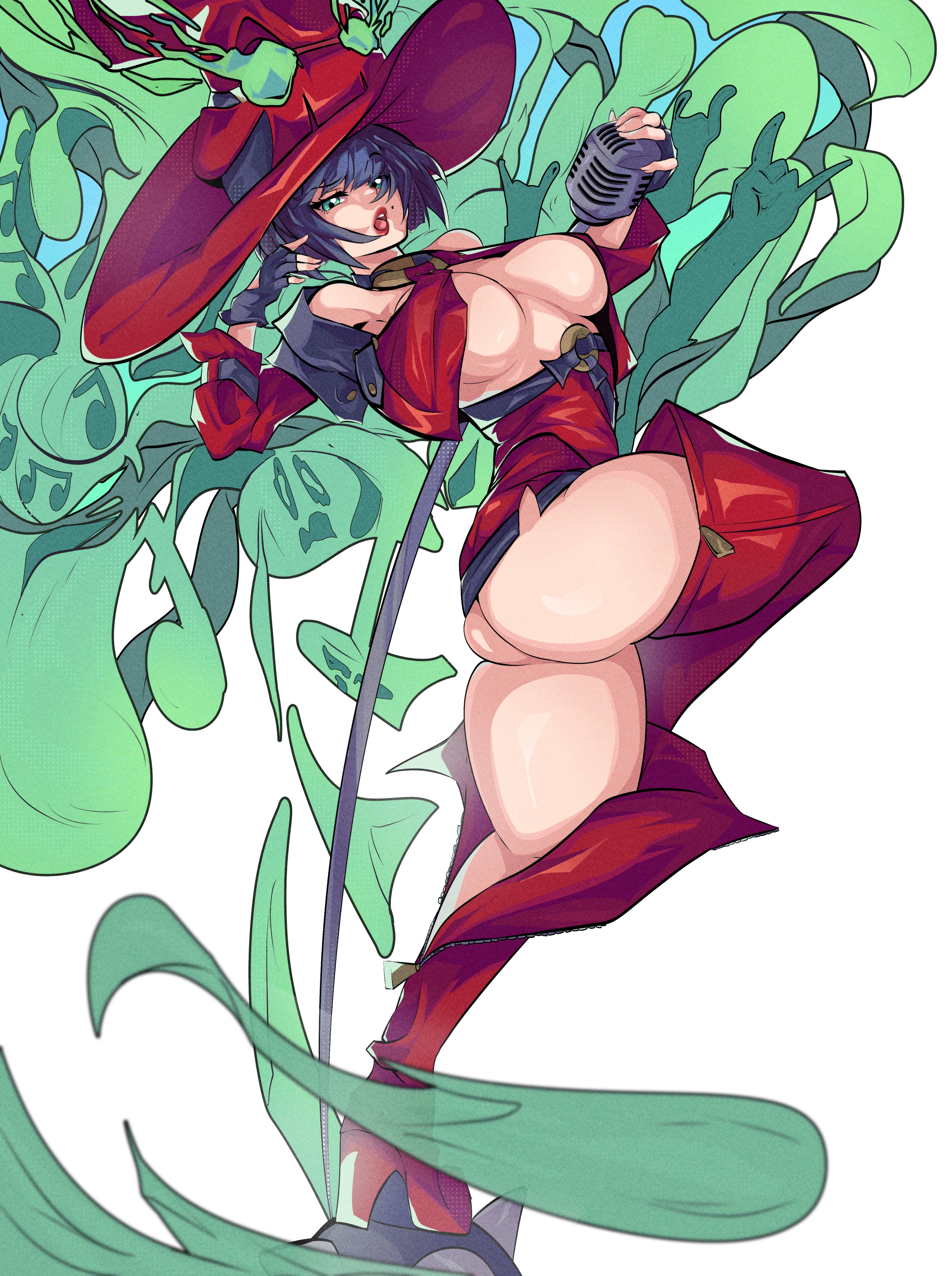 molutw, i-no, arc system works, guilty gear, guilty gear strive, 1girl, ass, boots, corset, hat, microphone, thigh boots, witch hat