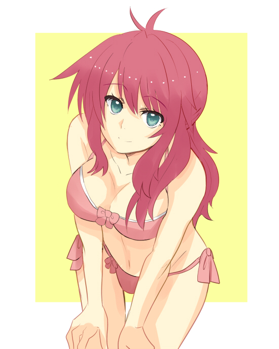 miyabi (reef), feldt grace, gundam, gundam 00, bad id, bad pixiv id, 00s, 1girl, bikini, breasts, cleavage, female focus, large breasts, pink bikini, pink hair, simple background, solo, swimsuit