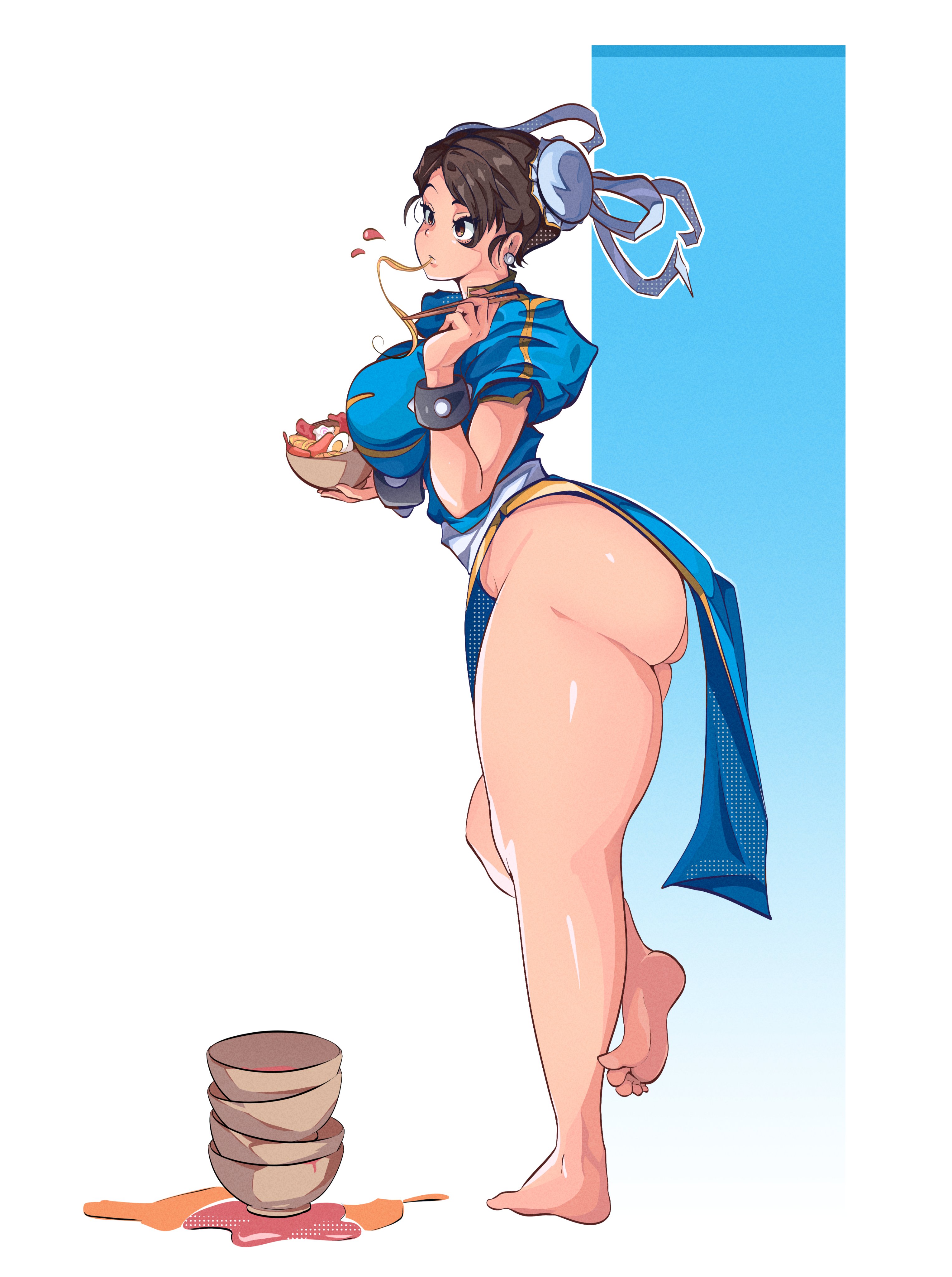 molutw, chun-li, capcom, street fighter, absurdres, highres, 1girl, ass, barefoot, eating, feet, female focus, food, noodles, ramen, solo