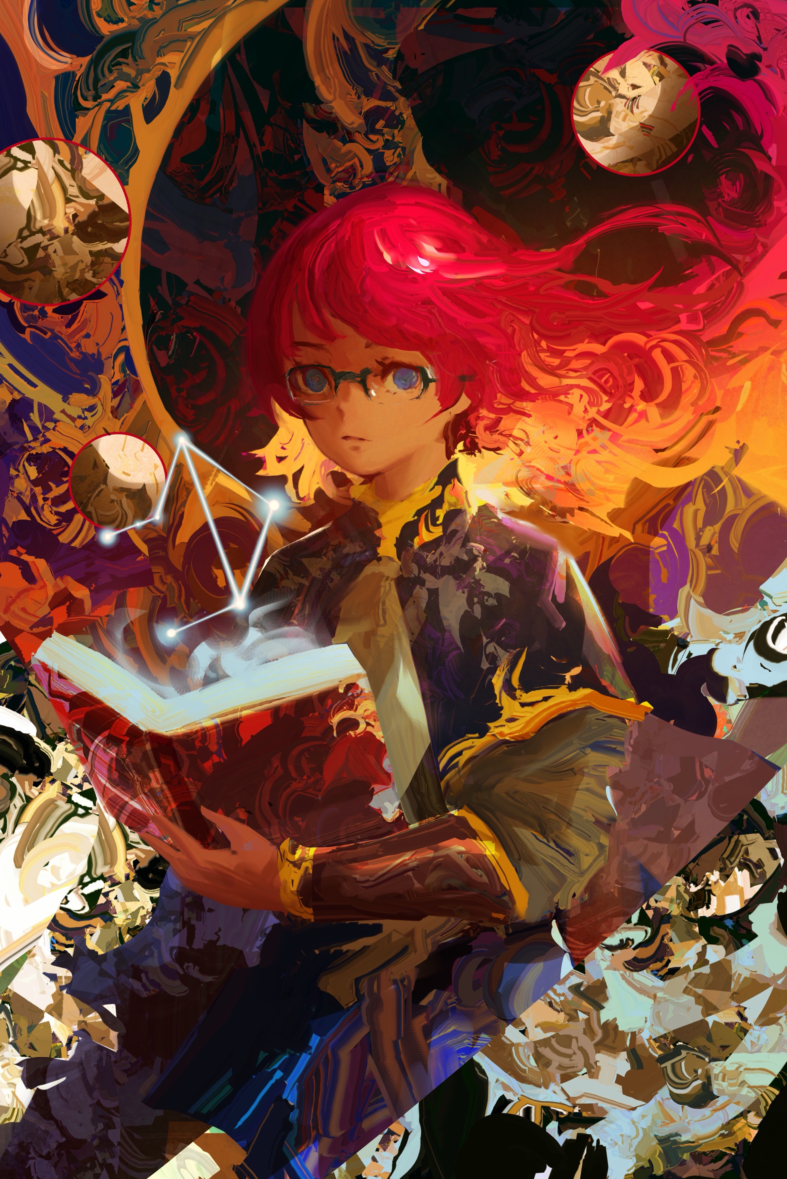 kevin adi, original, absurdres, commentary, english commentary, highres, 1girl, abstract background, blue eyes, book, colorful, dark skin, fire, holding, holding book, magic, red hair, solo