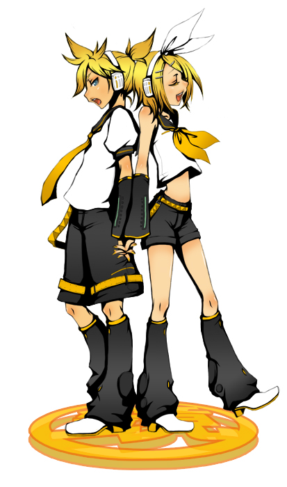 kana (mega1231), kagamine len, kagamine rin, vocaloid, bad id, bad pixiv id, 1boy, 1girl, back-to-back, blonde hair, blue eyes, brother and sister, closed eyes, hair ornament, hair ribbon, hairclip, headphones, hetero, holding hands, midriff, necktie, open mouth, ribbon, short hair, siblings, simple background, smile, twins, yellow necktie
