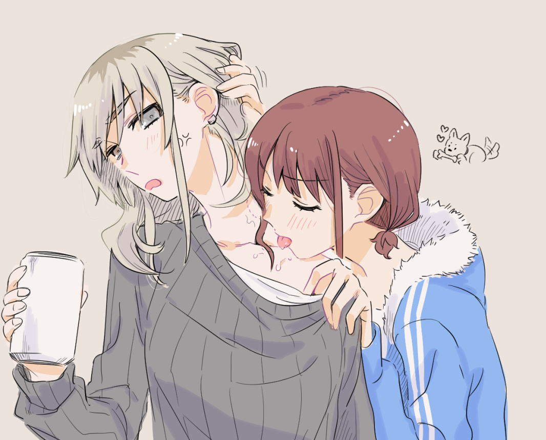 rinda (44927), iseri nina, kawaragi momoka, girls band cry, commentary, 2girls, anger vein, beer can, bite mark, bite mark on neck, black sweater, blue jacket, brown background, can, closed eyes, drink can, earclip, grey eyes, grey hair, hand on another's shoulder, holding, holding can, jacket, licking, licking another's neck, long hair, multicolored hair, multiple girls, open mouth, red hair, roots (hair), saliva, short twintails, simple background, sweater, tongue, tongue out, twintails, yuri