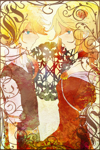 shigure wasa, ws (pixiv), kagamine len, kagamine rin, riliane lucifen d'autriche, aku no musume (vocaloid), evillious nendaiki, vocaloid, bad id, bad pixiv id, 1boy, 1girl, blonde hair, blue eyes, brother and sister, dress, dress flower, elbow gloves, flower, formal clothes, gloves, rose, siblings, twins