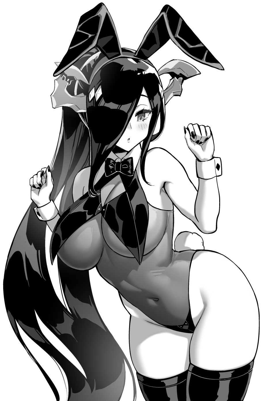 hori (hori no su), friedrich der grosse (azur lane), azur lane, azur lane: slow ahead, commentary, highres, official art, 1girl, animal ears, bow, bowtie, breasts, collared leotard, covered navel, cuff links, fake animal ears, fingernails, greyscale, hair over one eye, hands up, highleg, highleg leotard, horns, large breasts, leaning forward, leotard, long hair, mechanical horns, monochrome, nail polish, navel, official alternate costume, open mouth, playboy bunny, ponytail, rabbit ears, rabbit tail, simple background, solo, tail, thighhighs, very long hair, white background, wrist cuffs