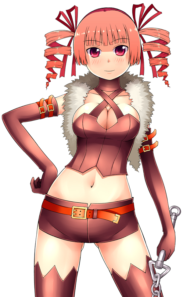 takemasa, dark hunter, dark hunter (sekaiju), dark hunter 4, atlus, etrian odyssey, bad id, bad pixiv id, 1girl, belt, breasts, chain, cleavage, drill hair, elbow gloves, female focus, fur trim, gloves, hair ribbon, hand on own hip, medium breasts, midriff, navel, red eyes, red hair, ribbon, short shorts, shorts, skirt, solo, thighhighs, twin drills