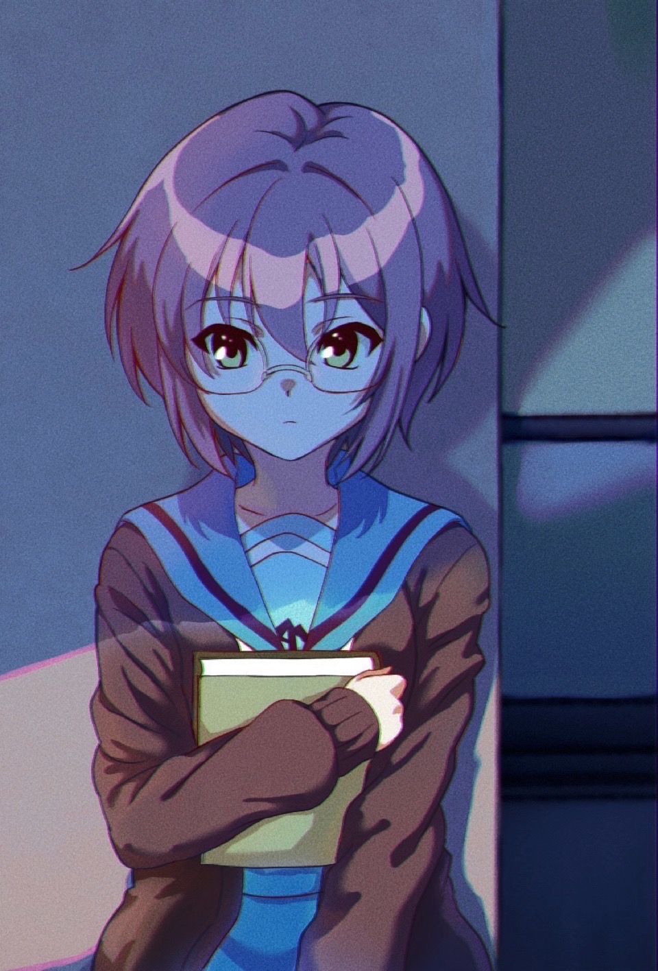 notus 23, nagato yuki, suzumiya haruhi no shoushitsu, suzumiya haruhi no yuuutsu, commentary request, highres, 1girl, blue sailor collar, blue skirt, book, brown cardigan, brown eyes, cardigan, closed mouth, glasses, hair between eyes, holding, holding book, hugging book, hugging object, kita high school uniform, long sleeves, purple hair, sailor collar, school uniform, serafuku, shadow, short hair, skirt, solo, standing, winter uniform