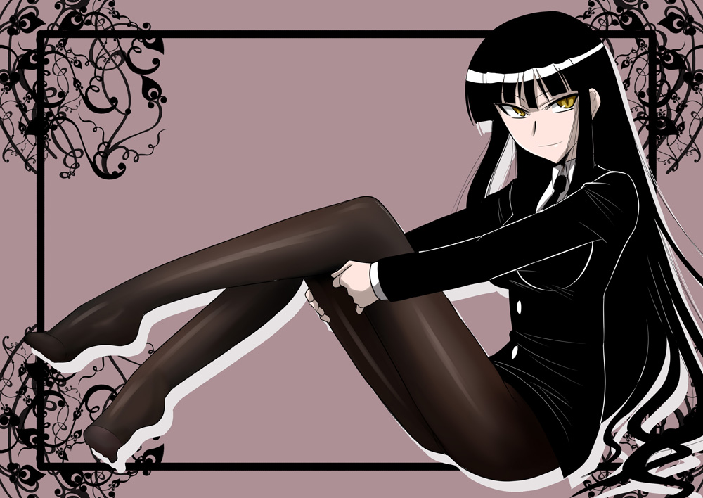 zerosu (take out), female protagonist (houkago play), houkago play, 1girl, black hair, feet, female focus, formal clothes, necktie, pantyhose, solo, suit, toes, yellow eyes